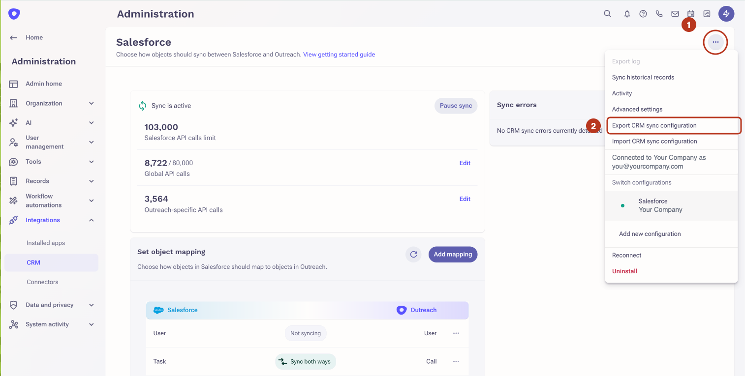The Salesforce admin page in Outreach: the ellipsis menu marked 1, and Export CRM sync configuration marked 2